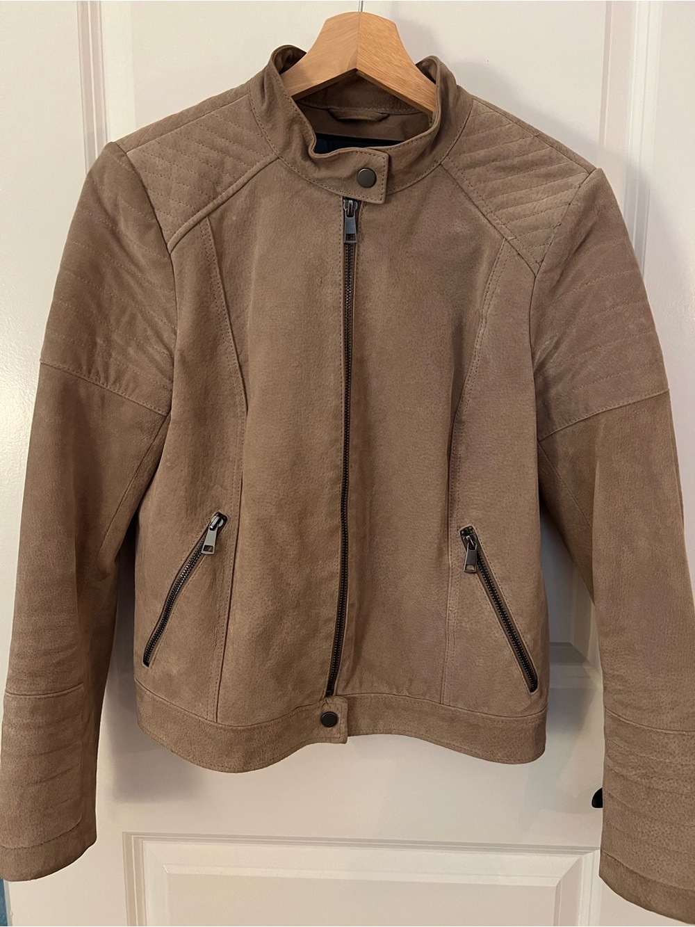 Bagatelle - NYC Women's Taupe Suede Moto Jacket - Minimalist Zip Front
